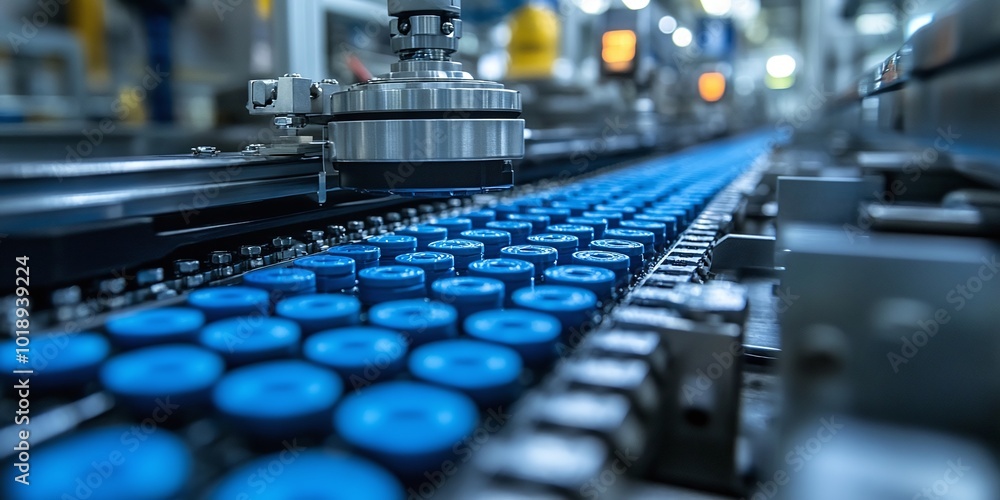 Poster factory assembly line producing electric vehicle battery cells, with a close-up view of the automate