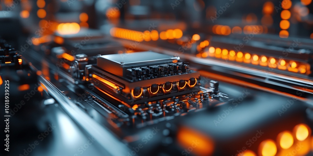 Poster factory assembly line producing electric vehicle battery cells, with a close-up view of the automate