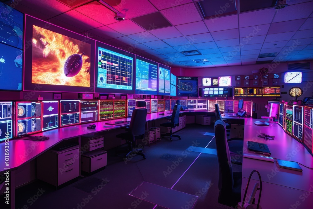 Poster missile defense control room with tracking data and countdown displays