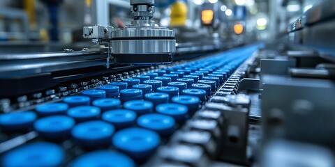 Fototapeta premium factory assembly line producing electric vehicle battery cells, with a close-up view of the automated process that powers mass production in the automotive industry