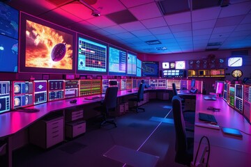 Missile Defense Control Room with Tracking Data and Countdown Displays