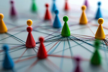 Visual showing colorful pawns connected with strategic lines, representing collaboration and interconnectedness.