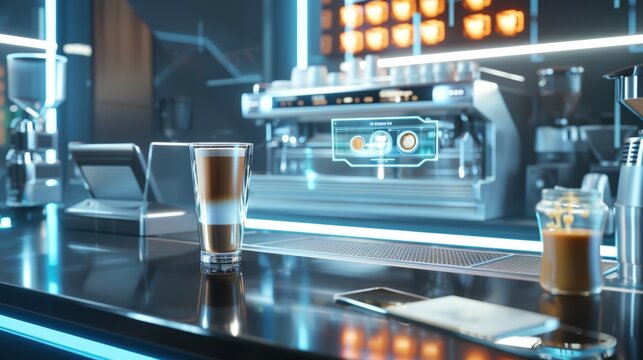 Futuristic Coffee Experience: High-Tech Automated Cafe with Holographic Controls