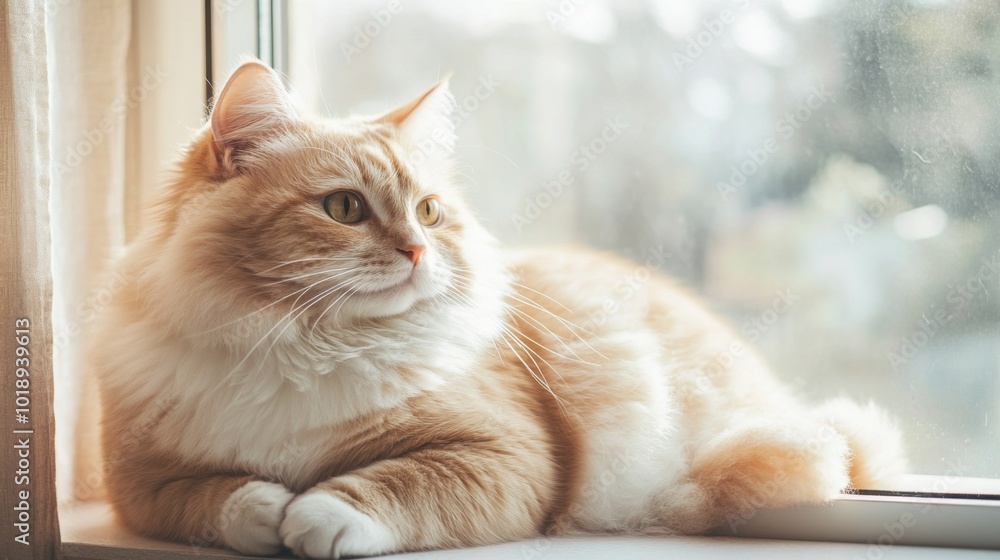Aufkleber relaxed cat gazing out a window in soft light