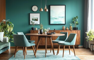 Elegant mint green and walnut mid-century modern dining room with stylish decor
