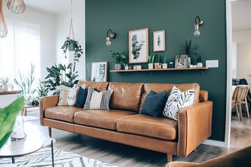 Cozy modern living room with a neutral color palette, featuring a brown leather couch and stylish decor.