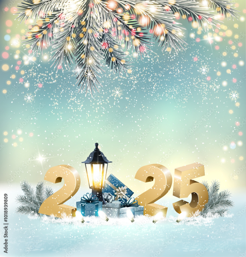 Aufkleber merry christmas and happy new year background with 2025 and gift boxes and branches of christmas tre