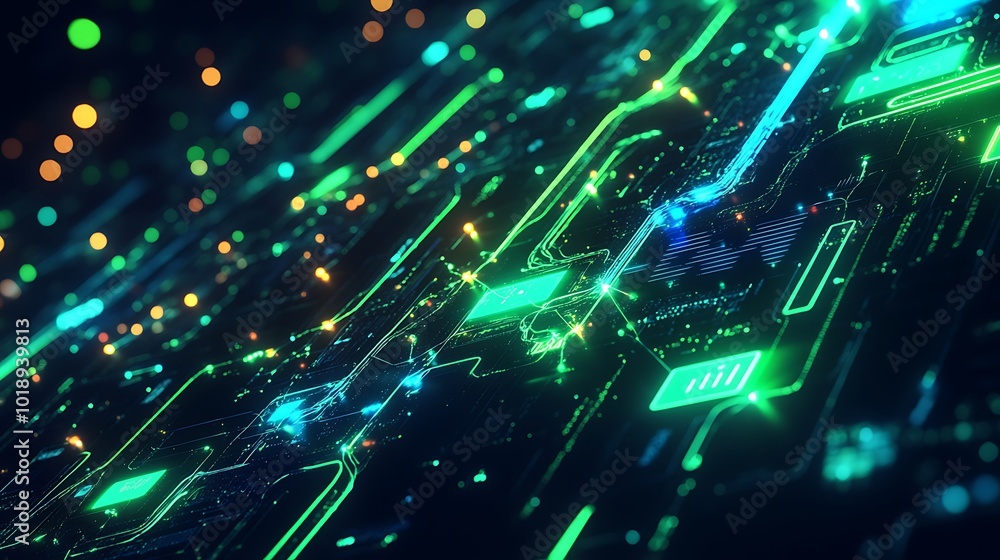 Poster Abstract digital technology background with glowing lines, circuits, and data streams.
