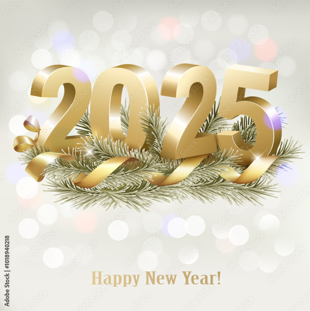 Aufkleber merry christmas and happy new year 2025. golden 3d numbers with gold ribbon and branch of christmas 