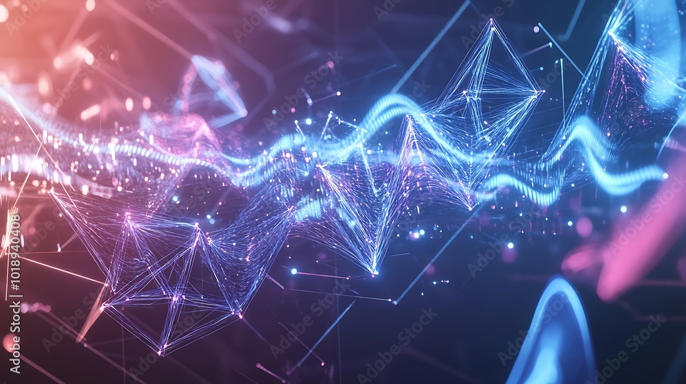 Poster abstract digital background with glowing lines and particles in blue and pink hues.