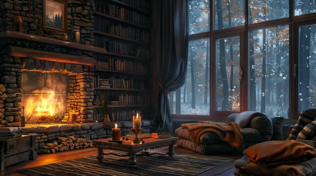 Cozy library room with a comfortable sofa, warm fireplace, and a book resting on the shelf, perfect for relaxing.
 Seamless looping 4k time-lapse virtual video animation Generated AI