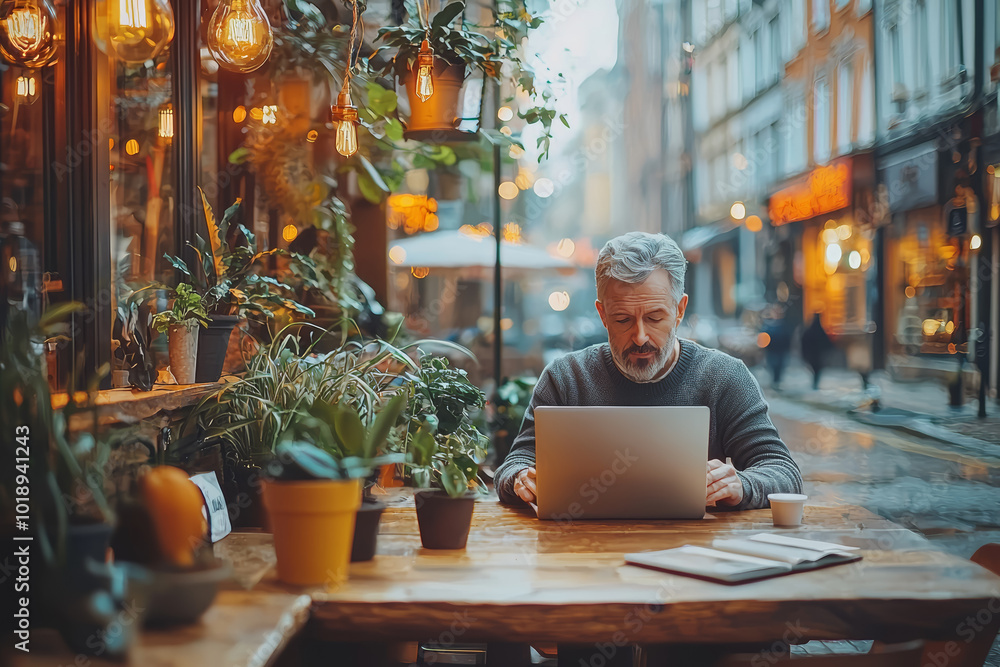 Poster a man working on a laptop at a cafe, utilizing public wi-fi to work from anywhere. concept of flexib