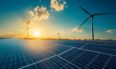Wind farm and solar panels under a beautiful blue sky with a few clouds.