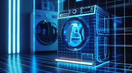 Futuristic Detergent Ad with 3D Hologram and Modern Washing Machine Design