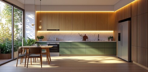 Modern kitchen interior with green and wood accents featuring sleek cabinetry and elegant lighting for a clean, minimalist look