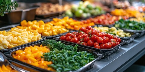 Obraz premium catering buffet at an indoor restaurant with a variety of fresh vegetables, meats, and colorful fruits, presenting a vibrant and flavorful dining experience