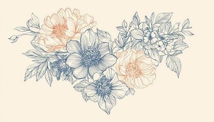 Delicate line art illustration flowers arranged in a heart shape, symbolizing love and naturea??s beauty.