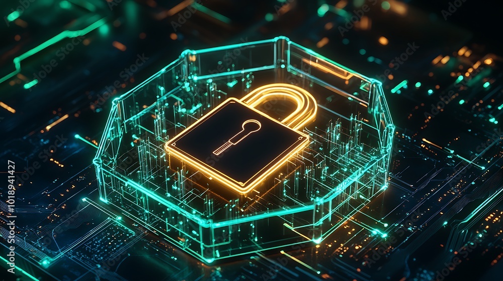 Aufkleber A glowing padlock icon sits inside a hexagonal frame with digital circuit board in the background.