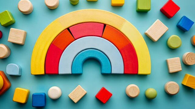 A rainbow-shaped wooden toy sits on a blue background surrounded by colorful blocks and cylinders