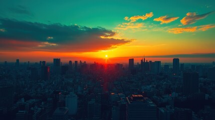 Fototapeta premium A panoramic view of a city skyline at sunset with a dramatic sky. The cityscape is in silhouette with the sun setting behind the buildings.