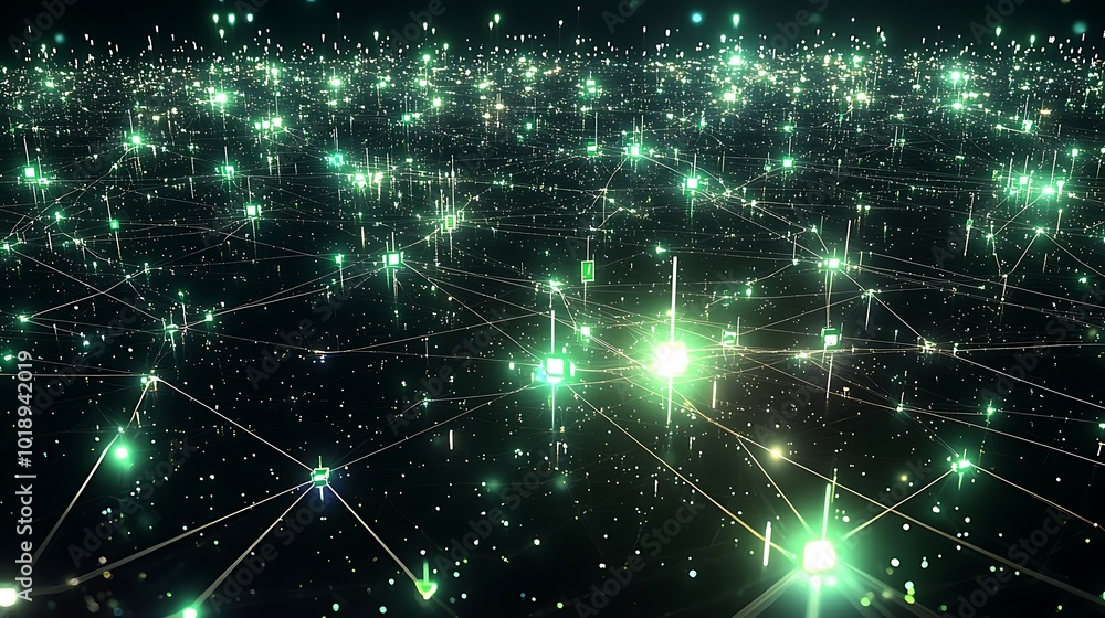 Poster Abstract digital network with glowing green lights connected by lines on a black background.