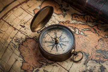 Old retro compass on ancient world map
