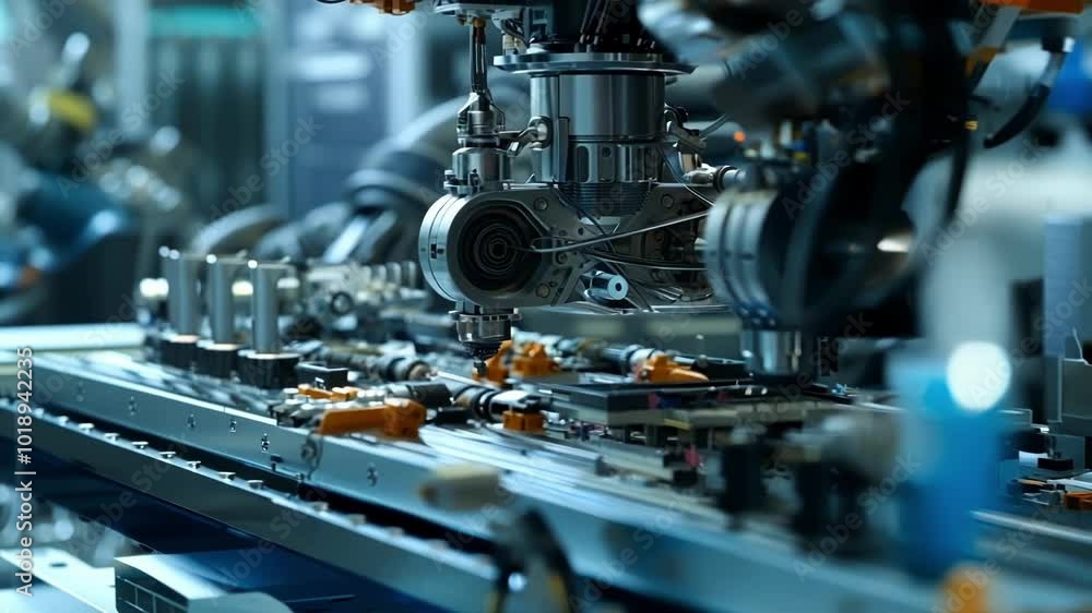 Poster robotic arm is meticulously placing components onto a circuit board in a modern factory, showcasing 