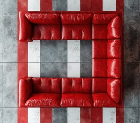 Modern red corner sofa on a striking gray and red striped tile wall background, showcasing contemporary design and vibrant color contrast
