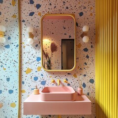 Terrazzo bathroom with pastel colors featuring a floating pink sink and yellow framed mirror
