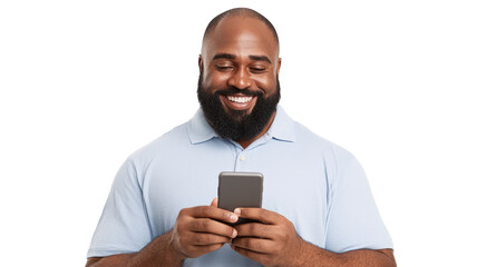 A man with a beard is smiling while holding a cell phone