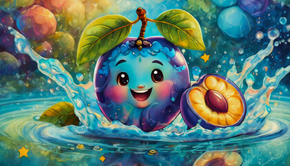 oil painting style cartoon character illustration cute plum in water splash 