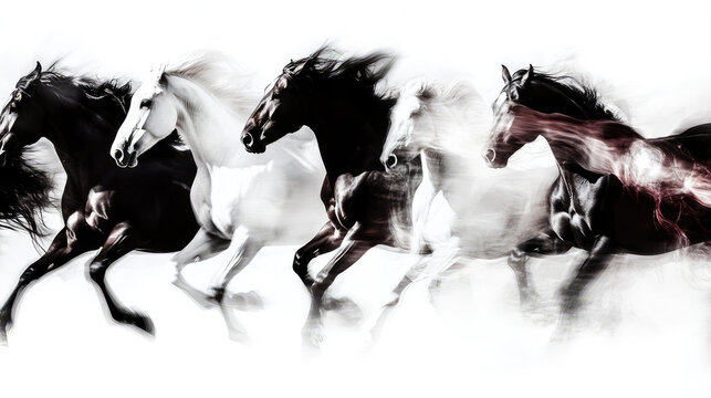 Depicting a vibrant group of horses in motion, this image uses dynamic contrast to exhibit their power and speed, evoking feelings of energy and liberation.