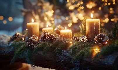 Yule Log decor on December 21st: Rustic Wooden Logs, Candles, and Evergreen Garlands Capture the essence of Yule with rustic wooden logs adorned with glowing candles, evergreen garlands