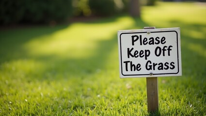 Sign Please Keep Off The Grass on stake in sunny manicured lawn