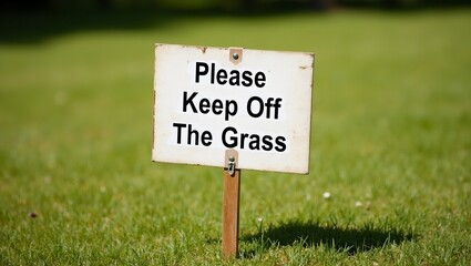 Sign Please Keep Off The Grass on stake in sunny manicured lawn