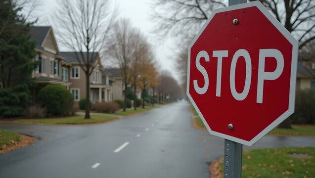 Vibrant red stop sign at suburban intersection