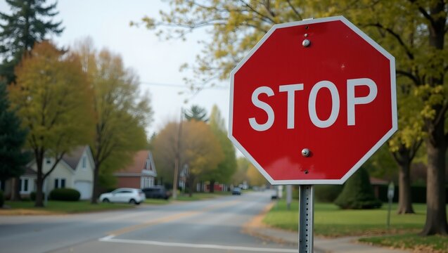 Vibrant red stop sign at suburban intersection - Powered by Adobe