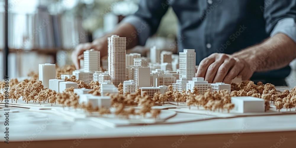 Poster real estate developers and architects working on a business building project, focusing on a complex 
