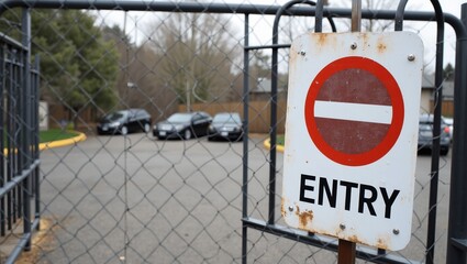 No Entry sign on metal gate in parking lot