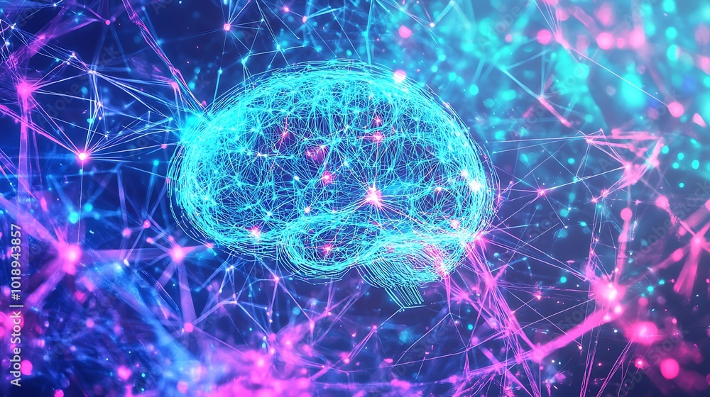 Aufkleber Abstract brain digital network with glowing lines and dots in blue and pink color on dark background.