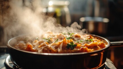 Delicious Dish Cooking in Steaming Pan