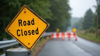 Yellow Road Closed sign on metal barrier with roadblock and detour cones