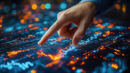 A hand is pointing at a high-tech digital screen displaying a global data map. The screen has illuminated details and orange data points over a futuristic interface