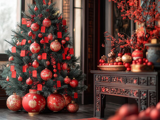 Stunning Chinese New Year prosperity tree images showcasing decorative trees adorned with red envelopes and ornaments