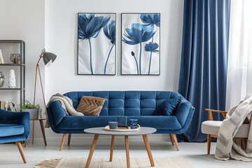 A blue couch is in the middle of a living room with a blue chair, generative ai image