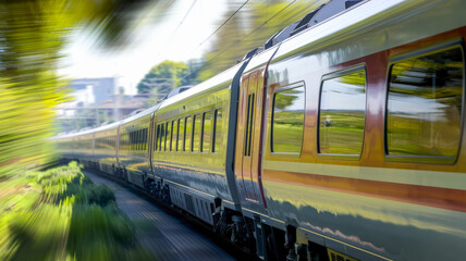 Naklejka premium High speed Train racing through a green countryside with motion blur. The train is sleek and silver, with its body glinting in the sunlight. The train is cutting through vibrant fields.