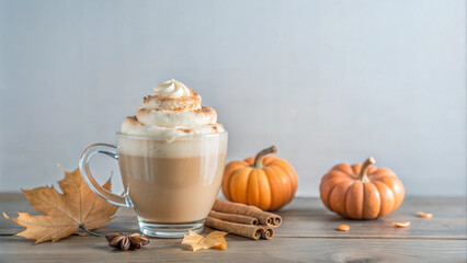 Glass cup of pumpkin spice latte with whipped cream and autumn pumpkins on table