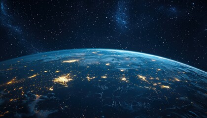 Obraz premium Earth at dawn from space, city lights glowing under the blue atmosphere, set against a starry backdrop.