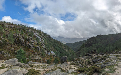 Lonely hills and nature on the hiking trails in the Peneda-Gerês National Park in Portugal in...