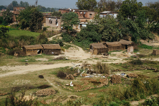 Daytime village scene with homes and greenery in India